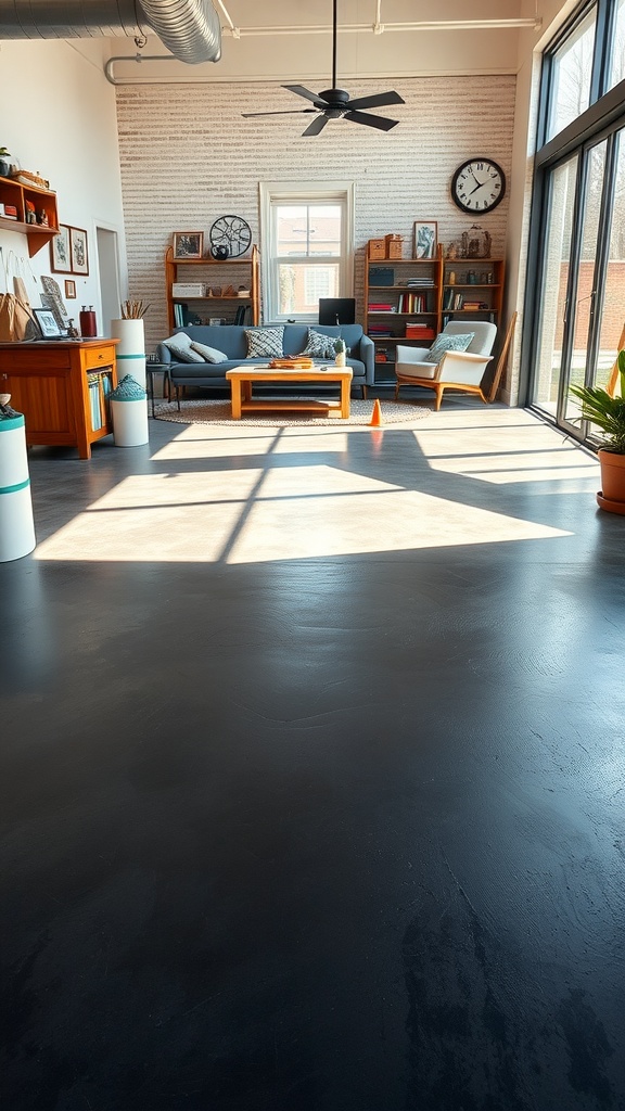 A modern living room with a sleek epoxy floor, showcasing creative space ideas.