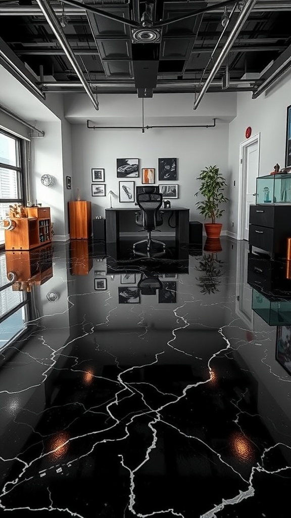 A modern office interior featuring a glossy black marble epoxy floor, decorated with stylish furniture and wall art.