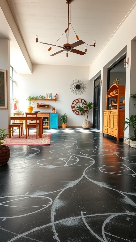 A modern room with a black chalkboard epoxy floor featuring white chalk designs, surrounded by light furniture and plants.