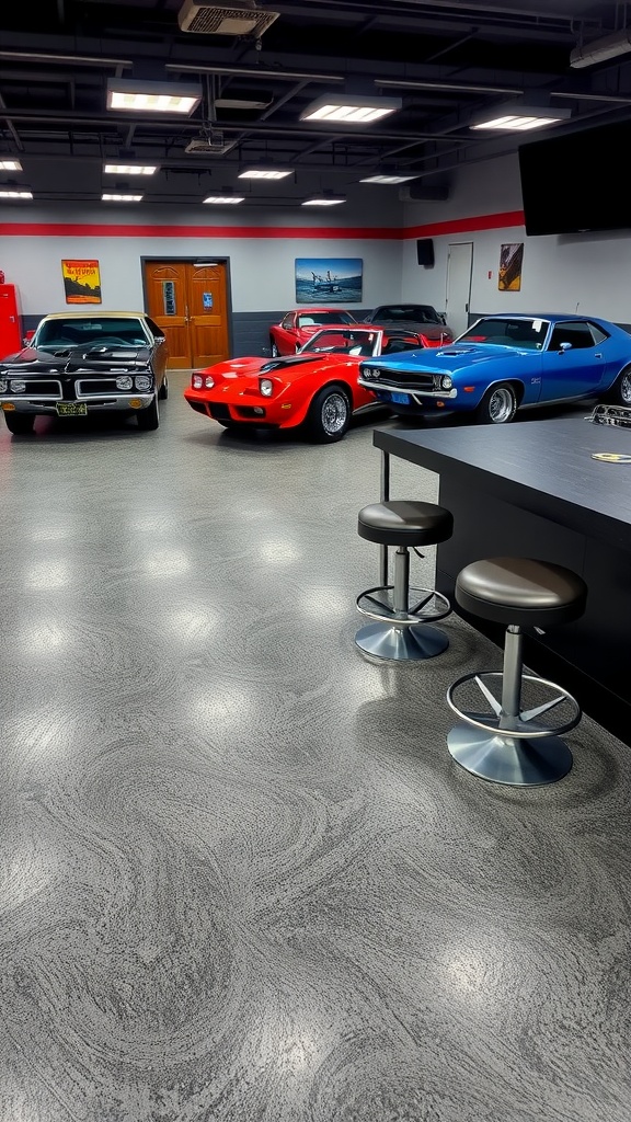 Chalkboard epoxy garage floor with drawings and tools scattered on the floor.
