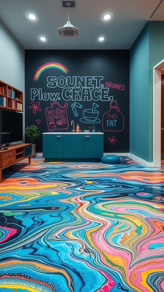 A vibrant room featuring a colorful epoxy resin floor design with swirling patterns in teal, pink, and blue, alongside a chalkboard wall.