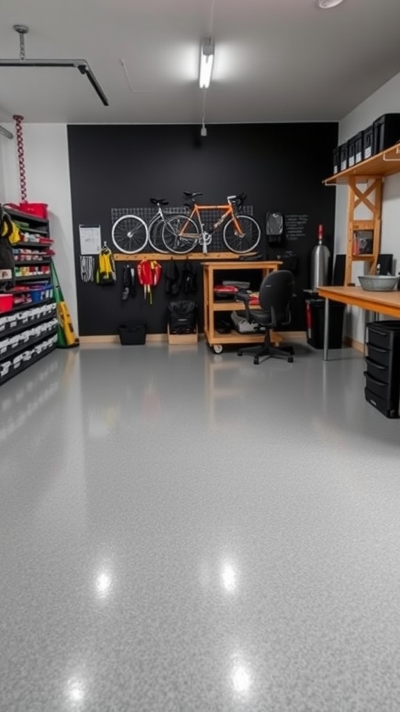 A well-organized garage with chalkboard walls, epoxy floors, and wall-mounted bike storage.