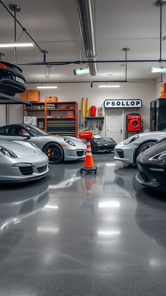 A cluttered workspace with tools and materials for installing a custom concrete epoxy floor.