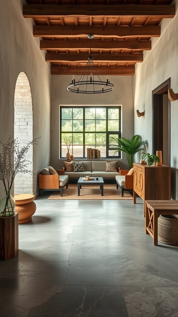 A cozy living room with rustic cement flooring, featuring wooden furniture and natural light
