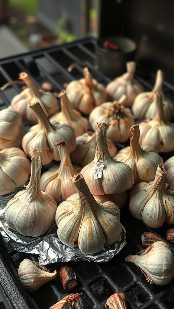 A cluster of garlic heads being roasted on a charcoal grill, showcasing their golden-brown color and smoky appearance.
