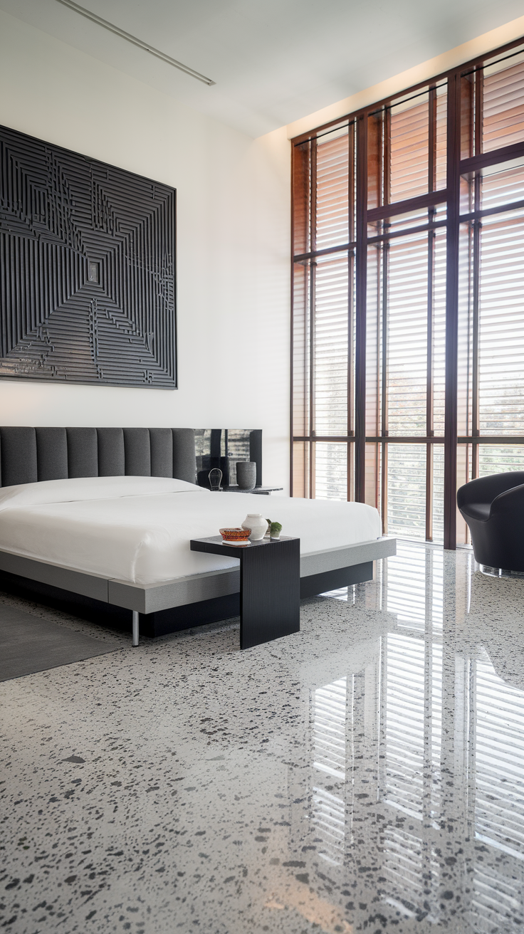 A modern bedroom with a charcoal and white flake epoxy floor, featuring large windows and minimalist furnishings.