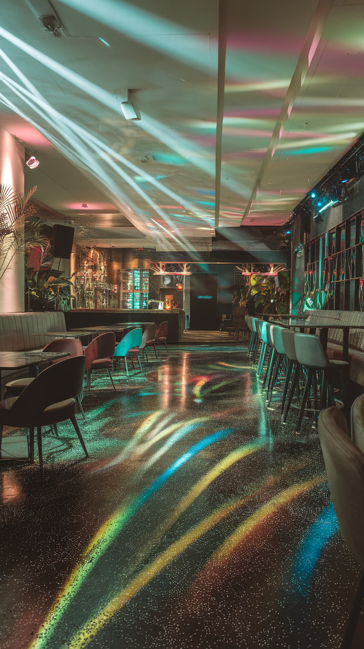 A modern bar interior with charcoal black epoxy floor featuring glittery sparkles, illuminated by colorful lights.