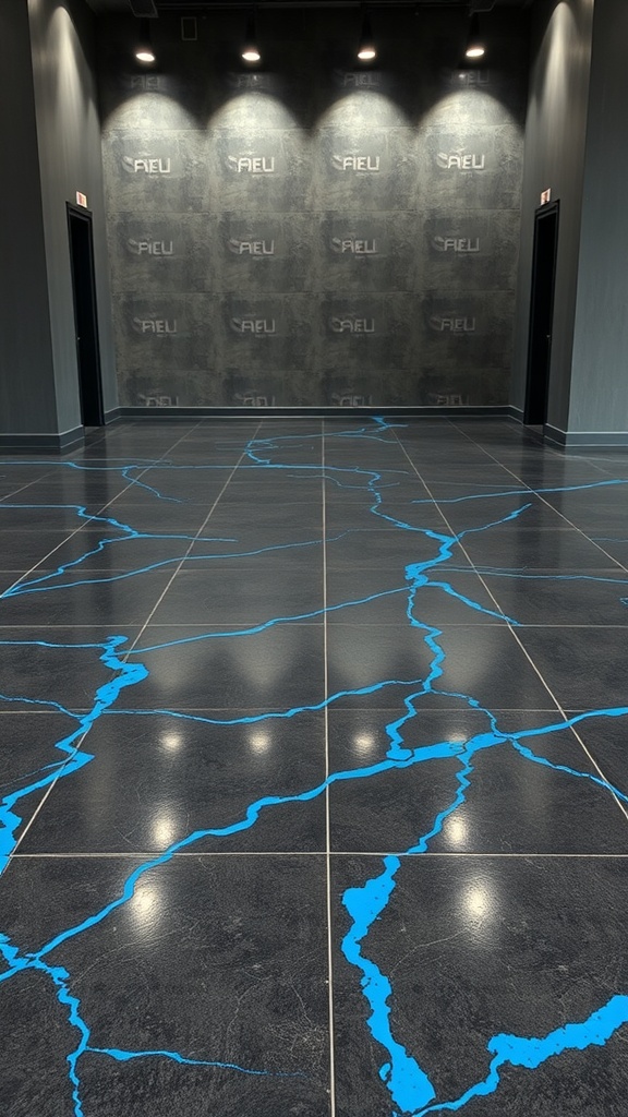 An epoxy floor featuring a charcoal gray base with electric blue streaks.