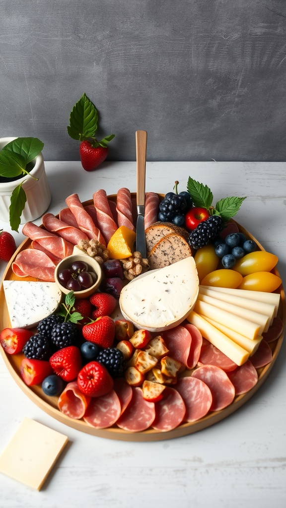 A beautifully arranged charcuterie board featuring meats, cheeses, fruits, and nuts.