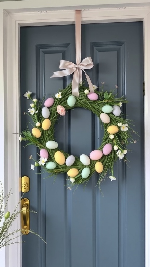 A colorful Easter wreath made of green grass, pastel eggs, and flowers hanging on a blue door