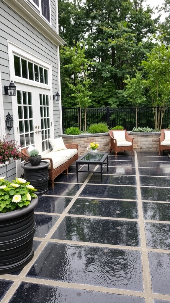 Charming outdoor epoxy pathway with twinkling lights and lush greenery