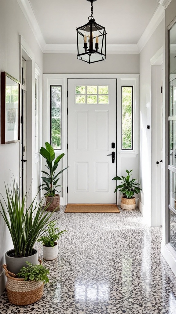 A bright hallway with a pebble epoxy floor, plants in pots, and a white door.