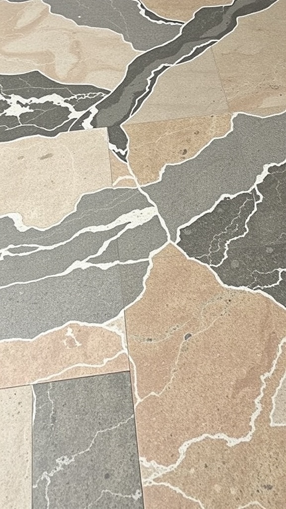 Interior view showcasing a pebble stone floor design with floral patterns and wooden walls.
