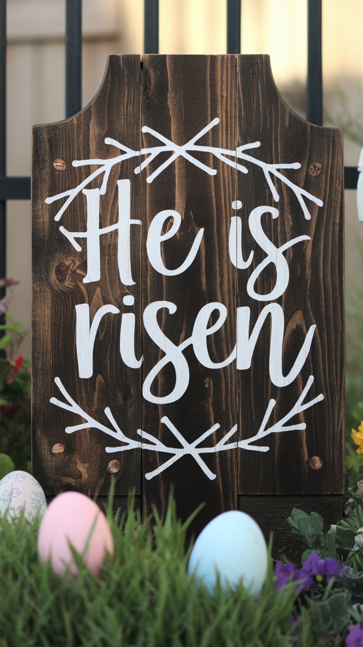 Charming outdoor signs with messages in a flower garden for Easter decoration