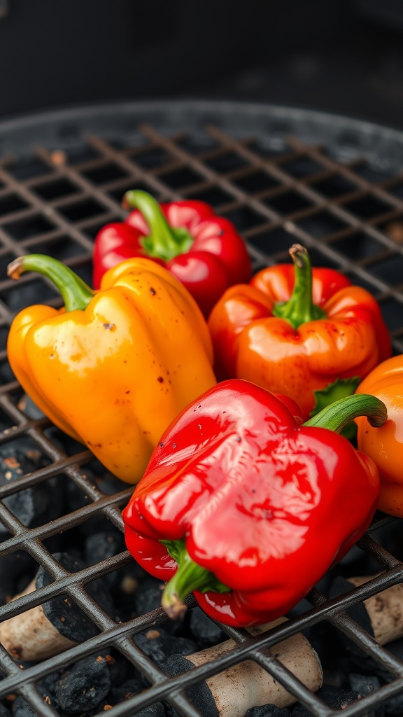 Charred bell peppers grilling over charcoal