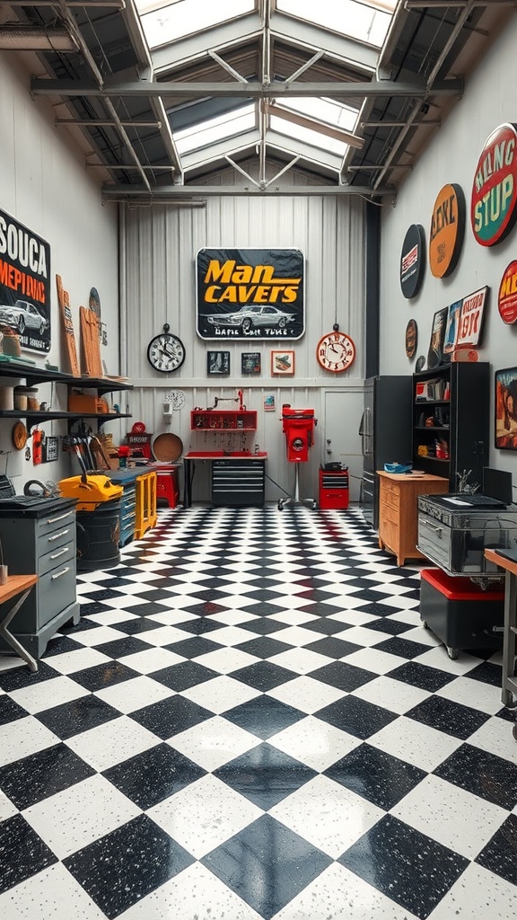 A modern workshop interior featuring a striking checkerboard epoxy floor design in black and white.