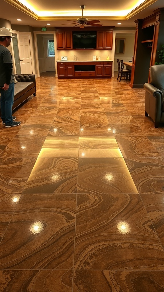 A beautifully designed epoxy floor featuring a checkerboard pattern in a living space.