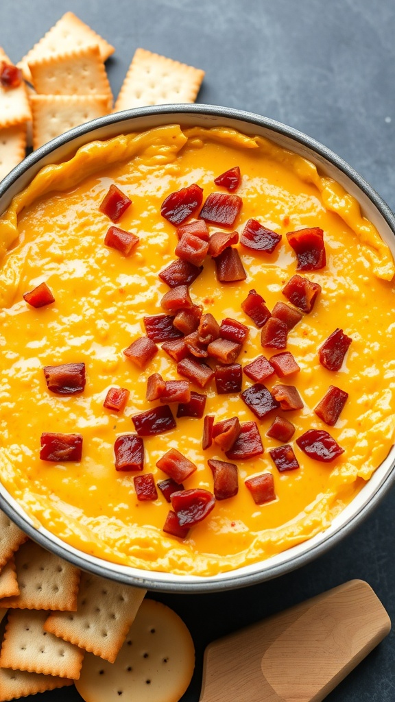 A creamy cheddar and bacon dip topped with crispy bacon bits, served with crackers.