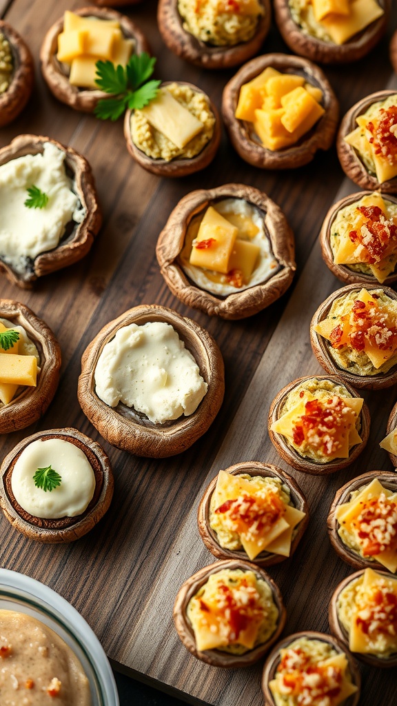Cheddar and cream cheese stuffed mushrooms ready to be served as appetizers.