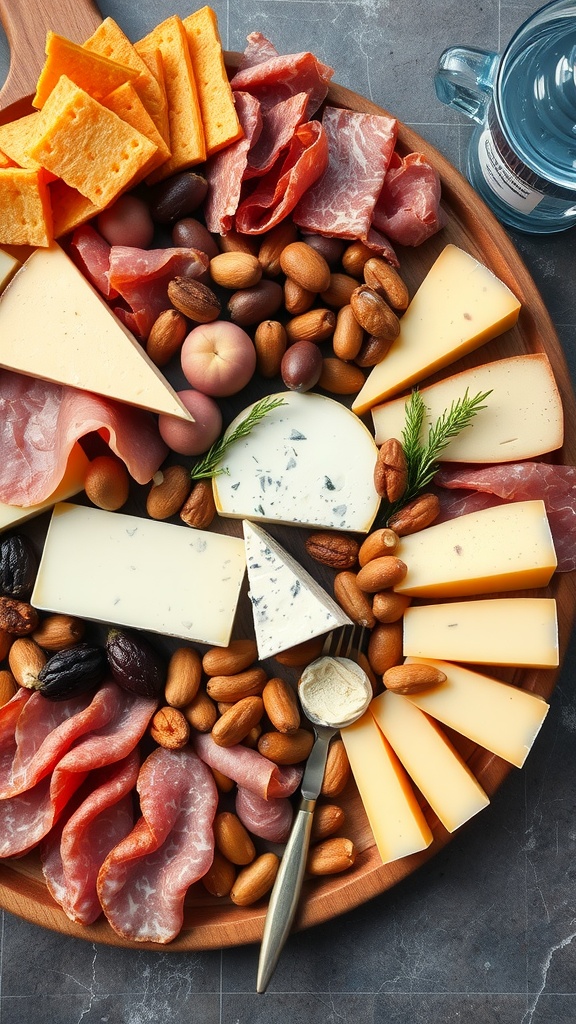 A beautifully arranged cheese and charcuterie board with various cheeses, cured meats, nuts, and fruits.