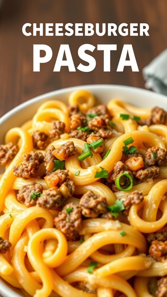 A bowl of cheeseburger pasta with ground beef, cheese, and green onions