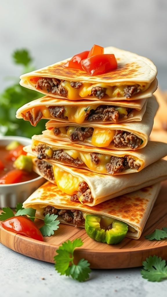 Cheesy beef quesadillas stacked on a wooden board with fresh toppings