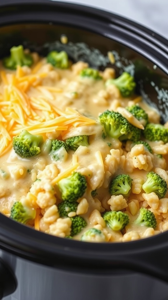 A bowl of cheesy broccoli and rice casserole with broccoli pieces and melted cheese on top.