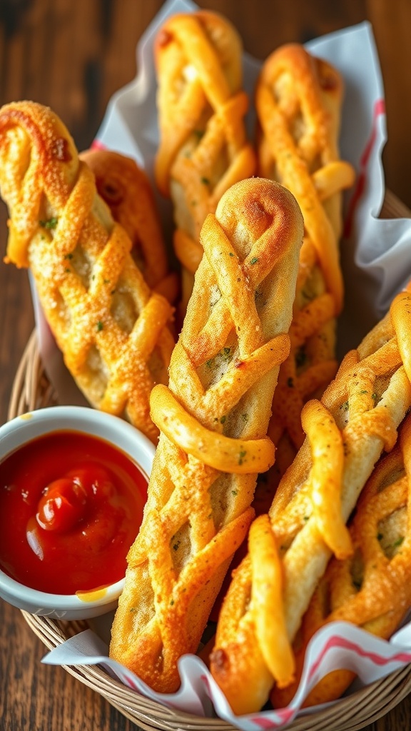 Cheesy garlic breadsticks served with marinara sauce in a basket