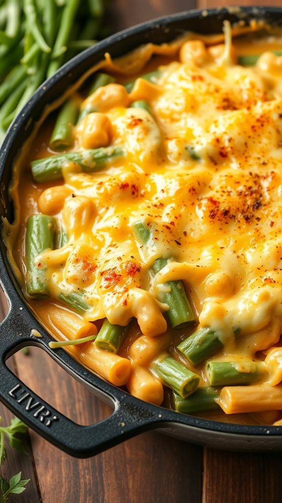 Cheesy green bean casserole in a skillet
