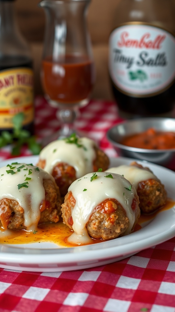 Cheesy Italian sausage balls served on a plate with cheese and garnished with parsley.