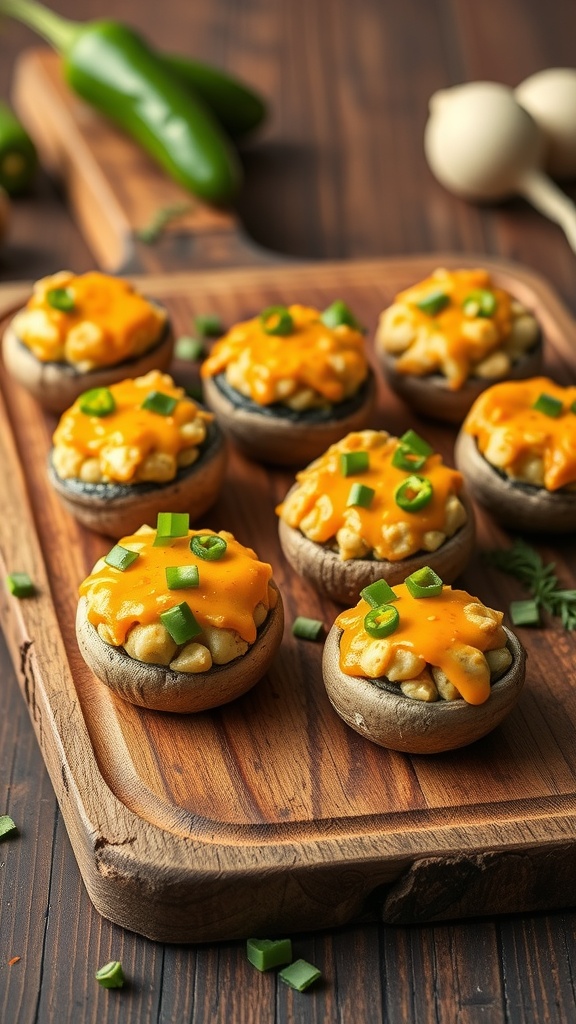 Cheesy jalapeño popper stuffed mushrooms on a wooden platter