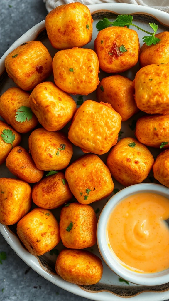 Cheesy potato bites served with a dipping sauce