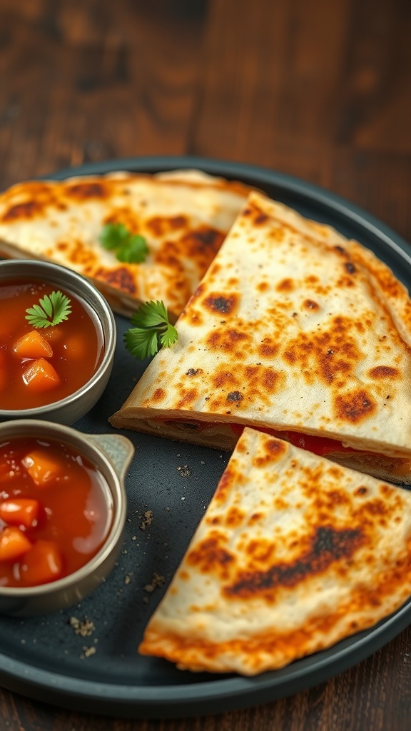 Cheesy quesadillas served with salsa.