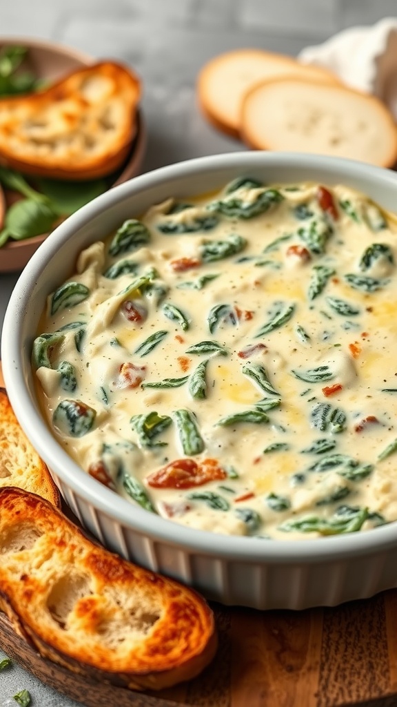 A bowl of cheesy spinach and artichoke dip served with toasted bread slices.
