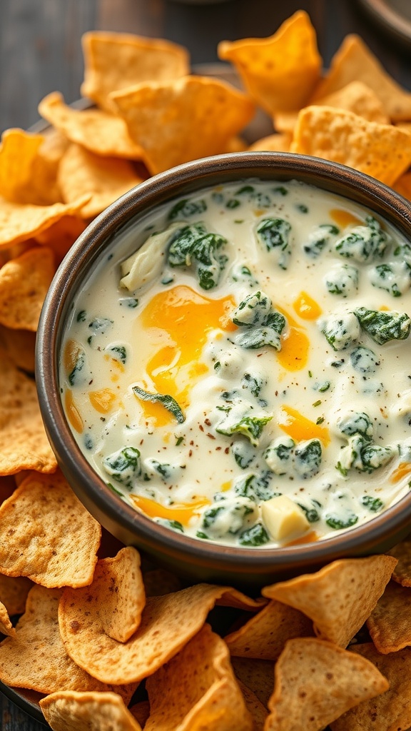 A bowl of cheesy spinach artichoke dip surrounded by crispy tortilla chips.