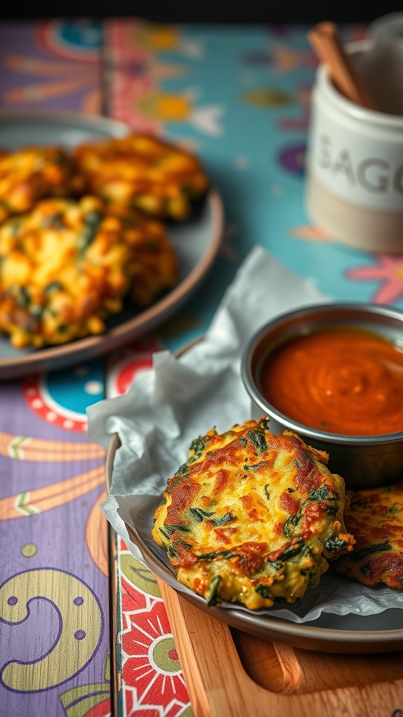 Delicious cheesy spinach fritters served with a dipping sauce