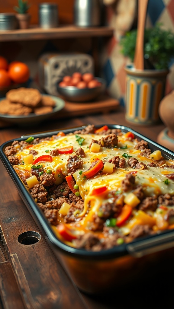 A delicious Cheesy Vegetable Hobo Bake with ground beef, colorful vegetables, and melted cheese.