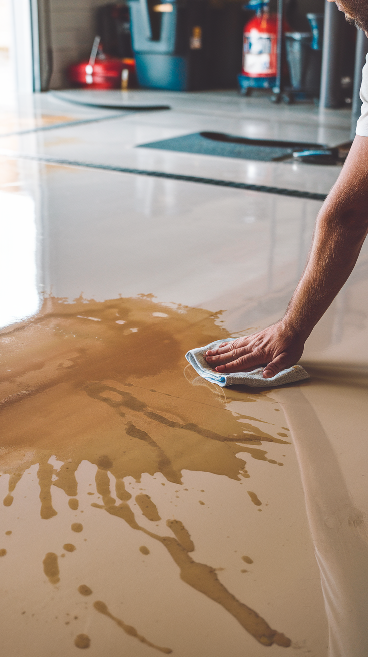 A person cleaning a stained epoxy garage floor with a cloth.