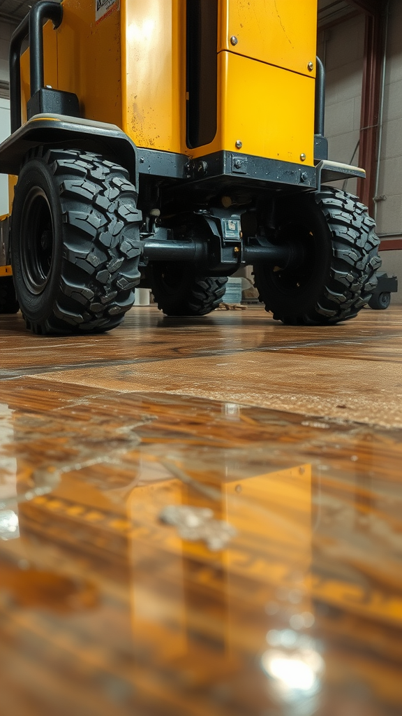 A garage with an epoxy floor featuring a visible orange spill, demonstrating the importance of chemical resistance.