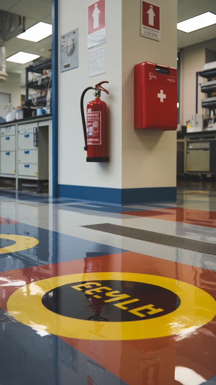 Interior of a chemical lab with epoxy flooring showing safety signs and a fire extinguisher.