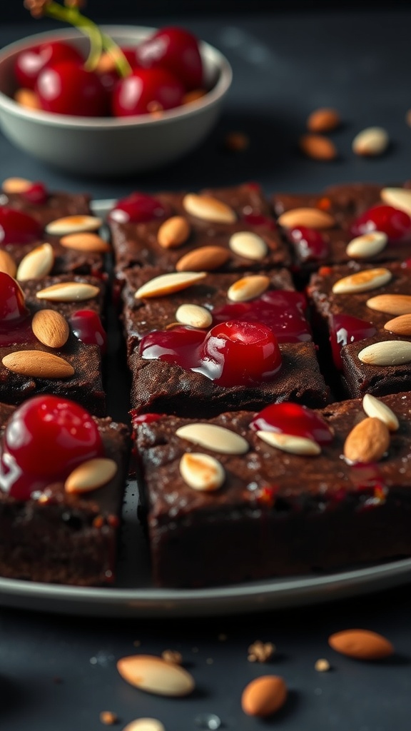 Delicious cherry almond brownies topped with cherries and almonds