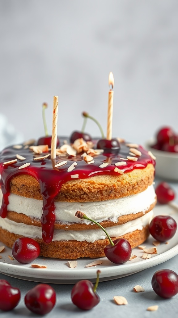 A beautifully decorated cherry almond cake with candles and cherries on top.