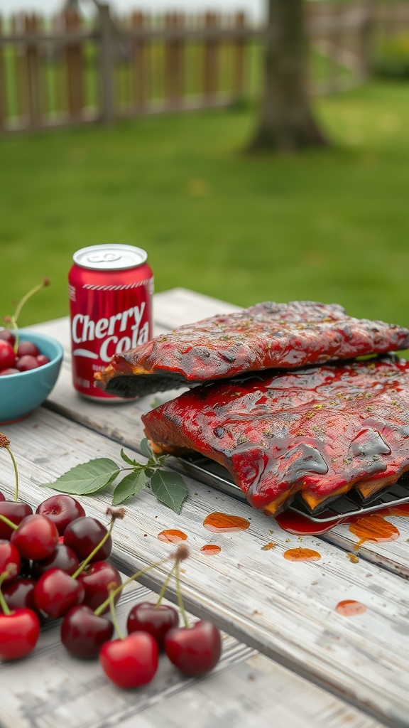 Delicious Cherry Cola BBQ Ribs with a can of Cherry Cola nearby