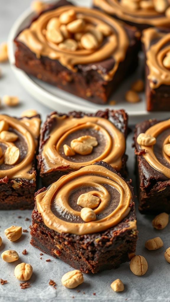 Chewy peanut butter swirl brownies with peanut pieces on top