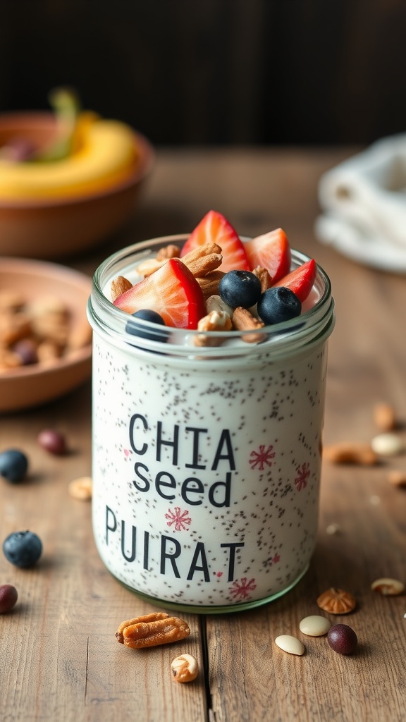 Chia seed pudding with almond milk and topped with fresh fruits and nuts.