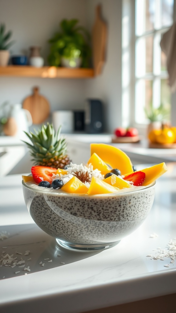 Chia seed pudding topped with fresh fruit and coconut