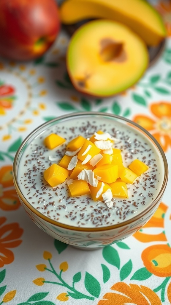 A beautifully presented bowl of chia seed pudding topped with diced mango and shredded coconut.