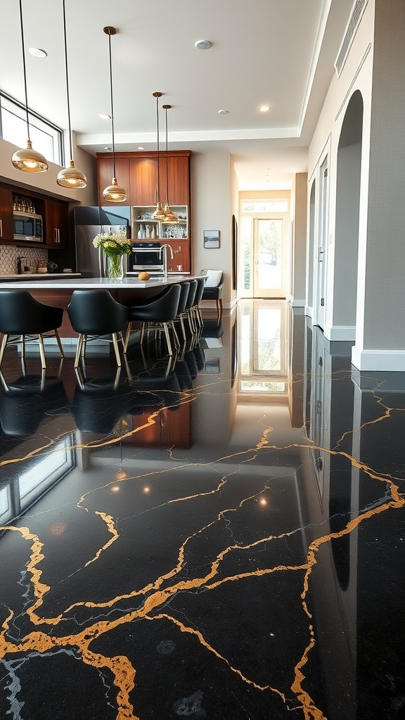 Chic black and gold epoxy floor in a modern kitchen