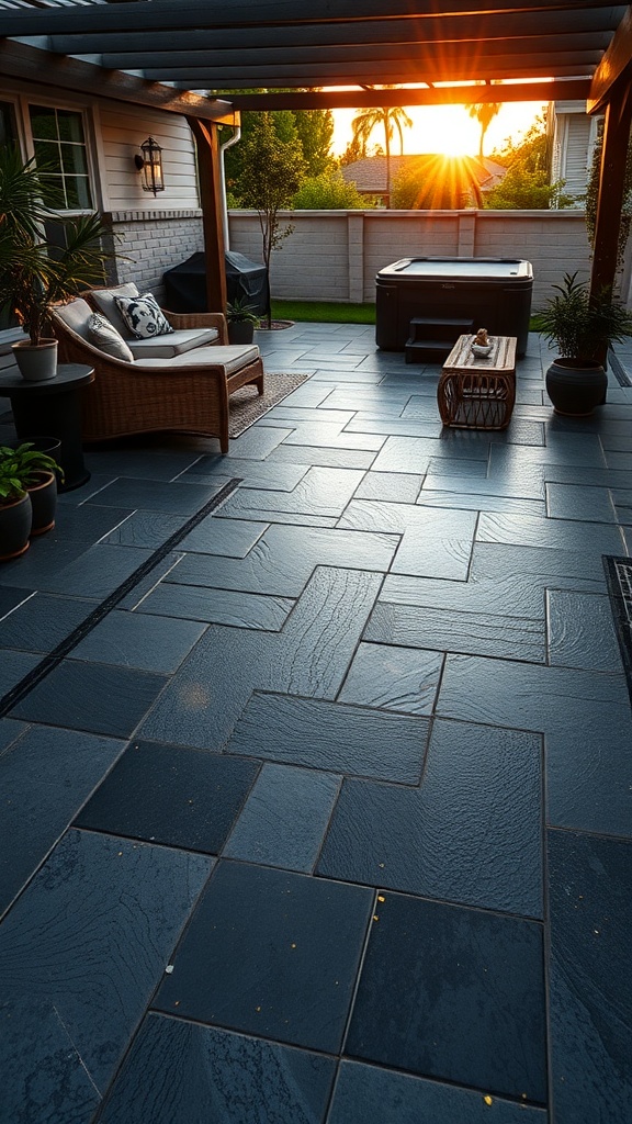 Chic black epoxy patio floor with gold flecks, showcasing a modern outdoor space.