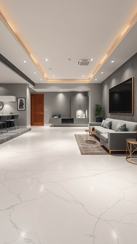 Stylish home theater featuring white and grey epoxy flooring